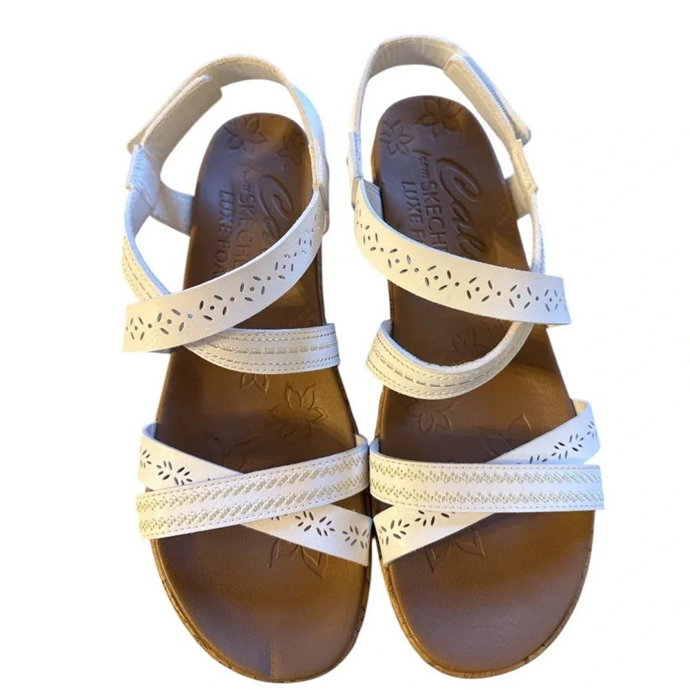 Skechers Cali White Luxe Memory Foam Comfortable Cork Wedge Sandals White 9.5–10